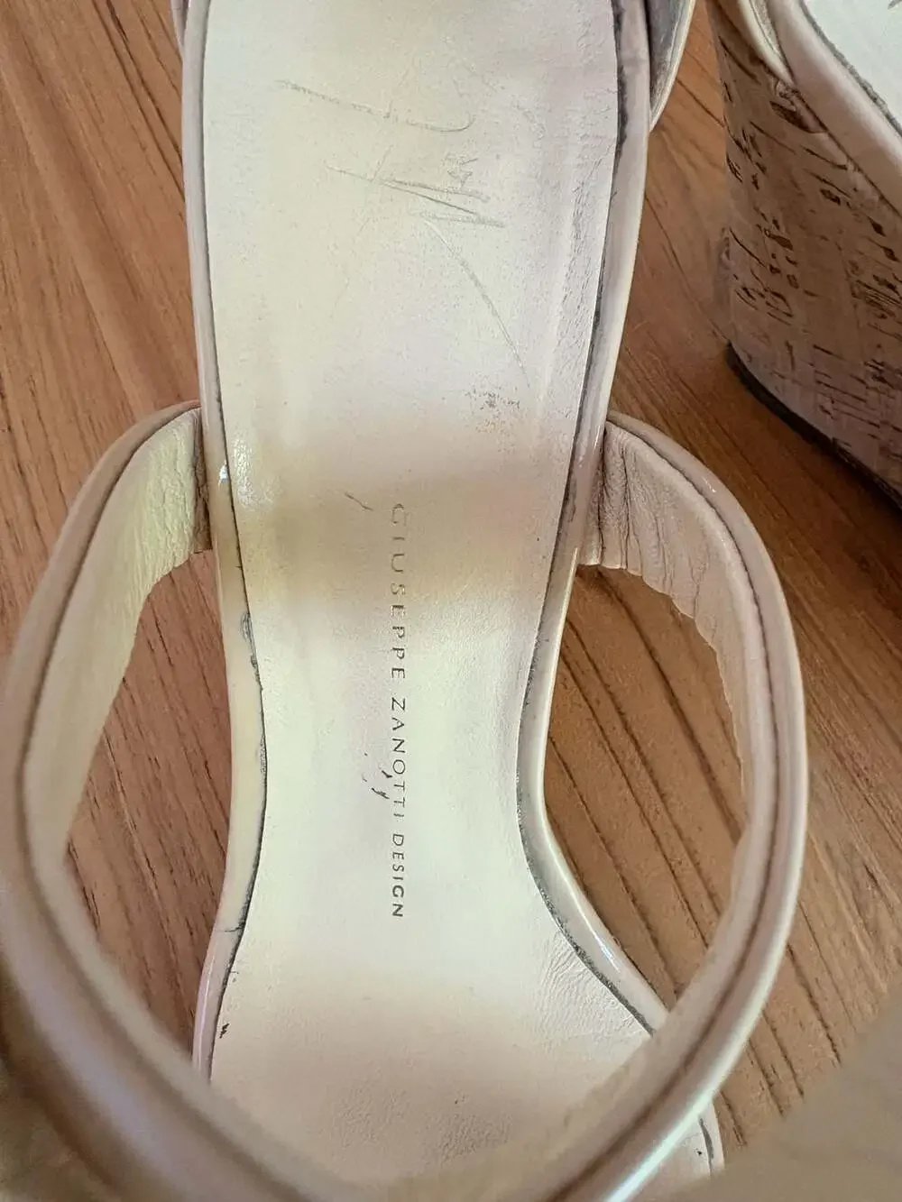 Giuseppe Zanotti Design Beige Patent Leather Cork Wedge Sandals